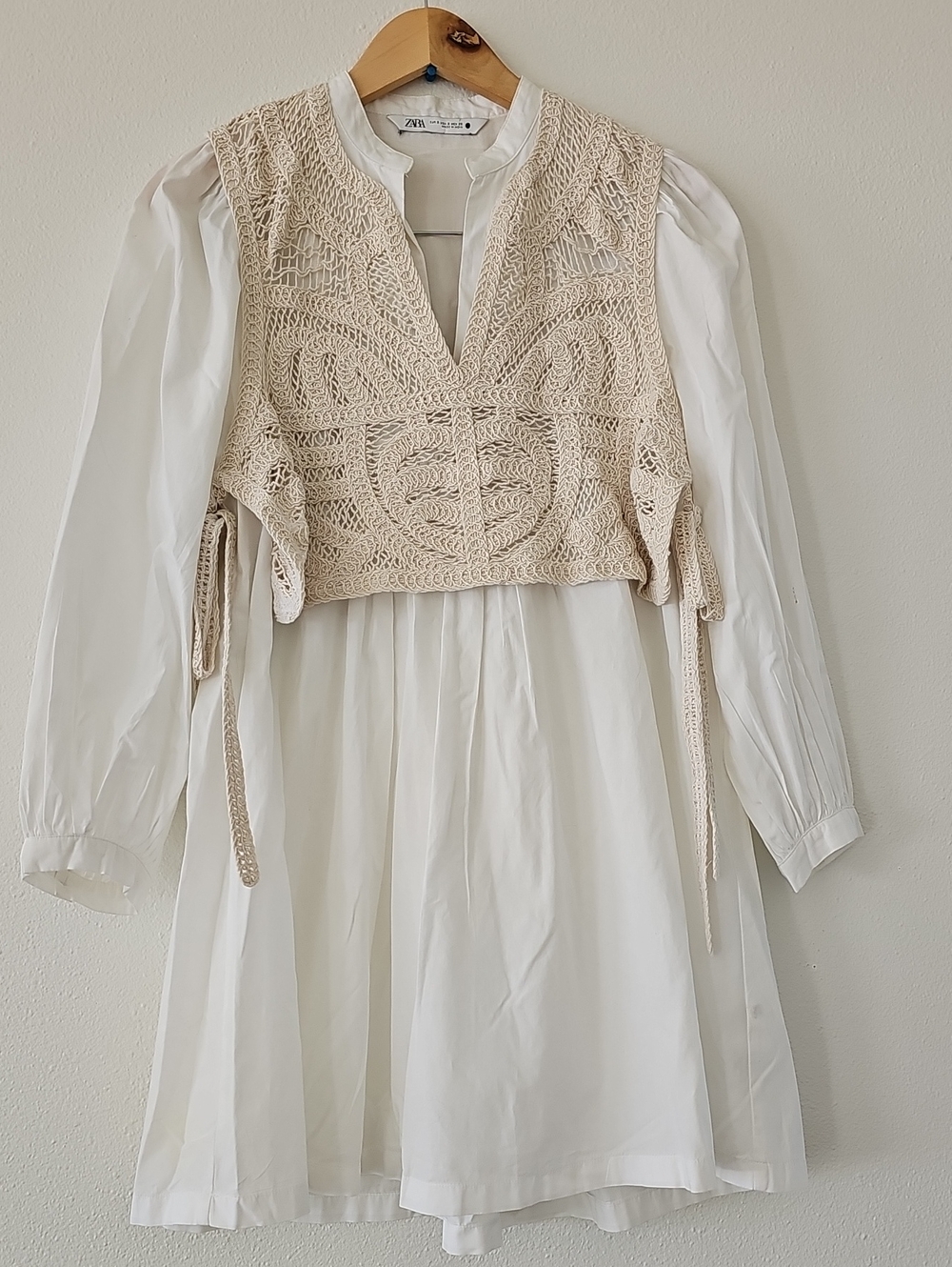 Zara Ecru Crochet Vest White Cotton Poplin Long-Sleeve V Neck Dress
